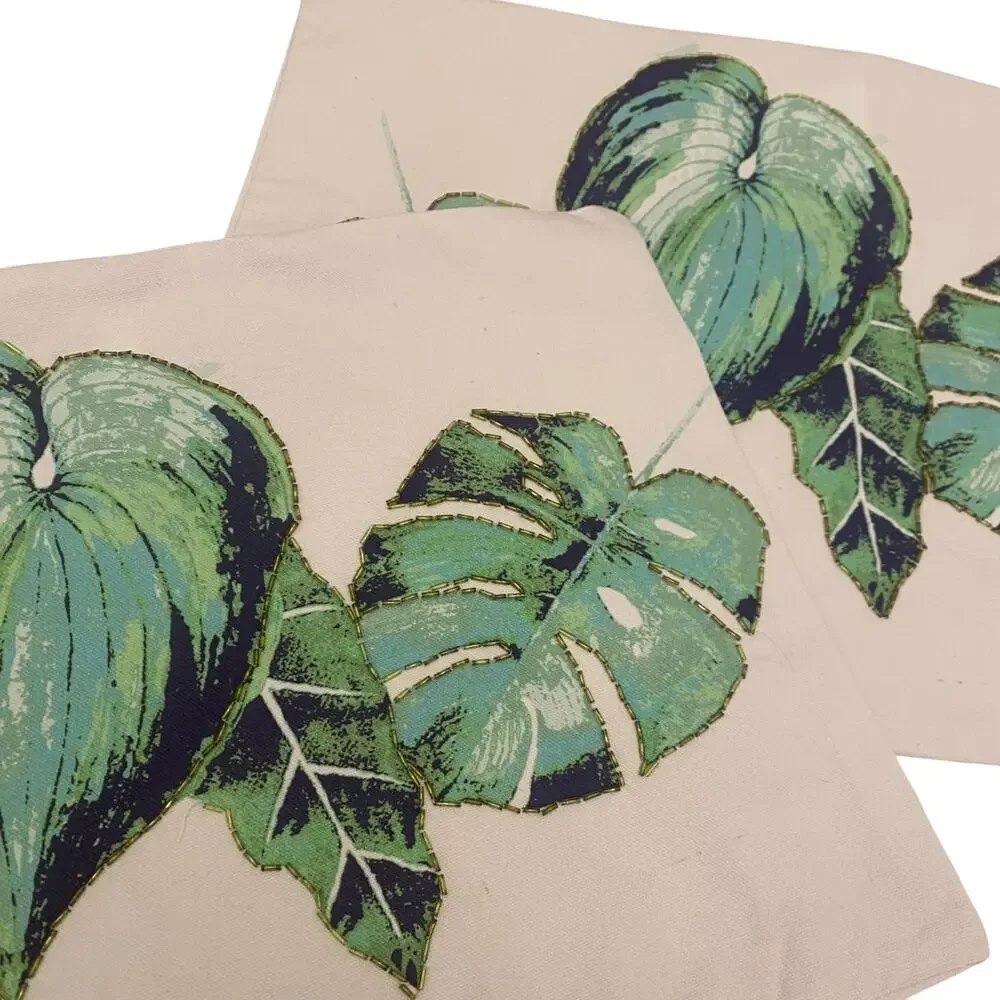 Set of TWO Tropical Monstera Leaf Beaded Throw Pillow Covers 19x13 with Zipper